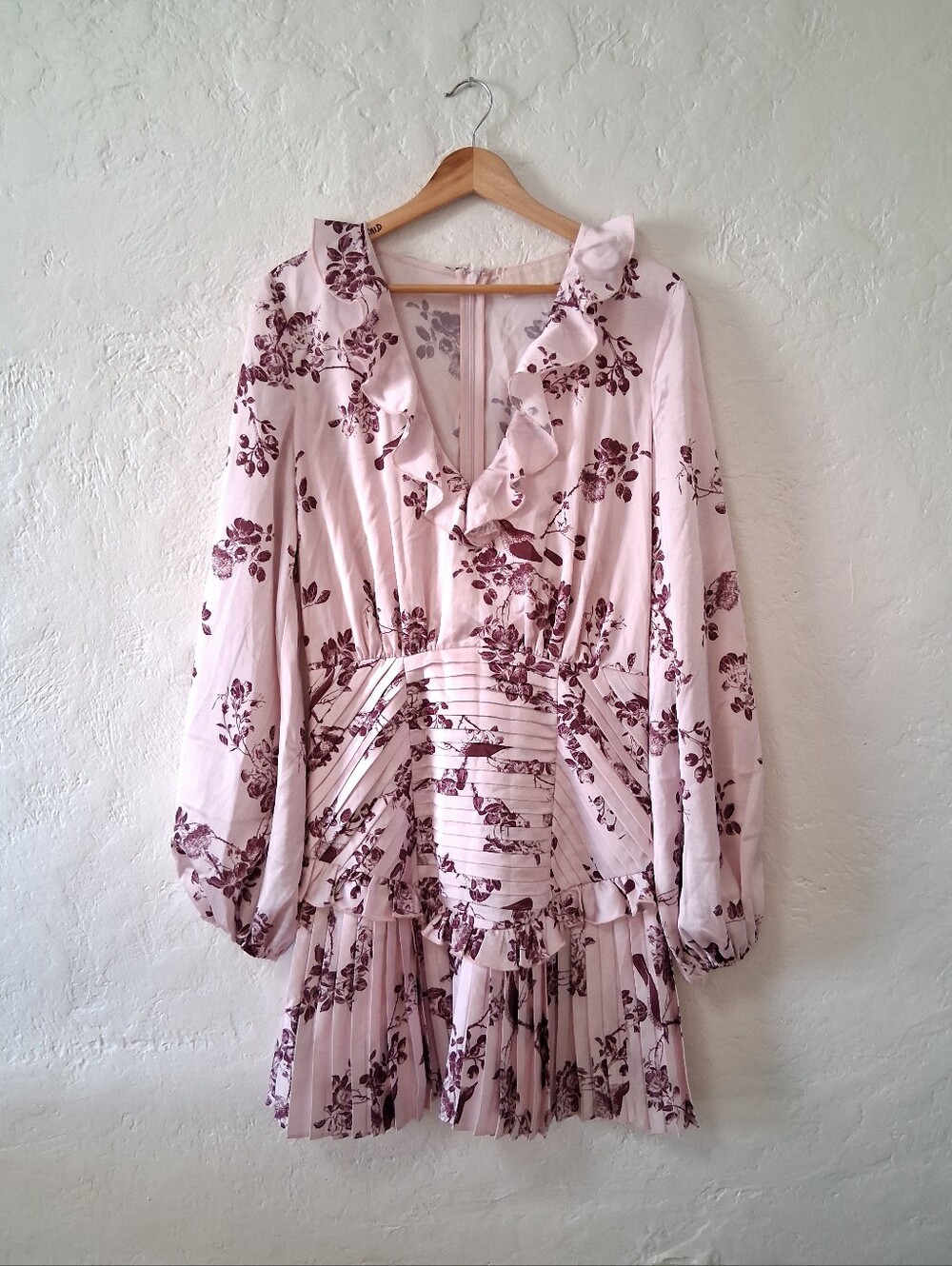 Keepsake The Label Belle Floral Mini Dress Pink Pleated Ruffle Long Sleeve Boho